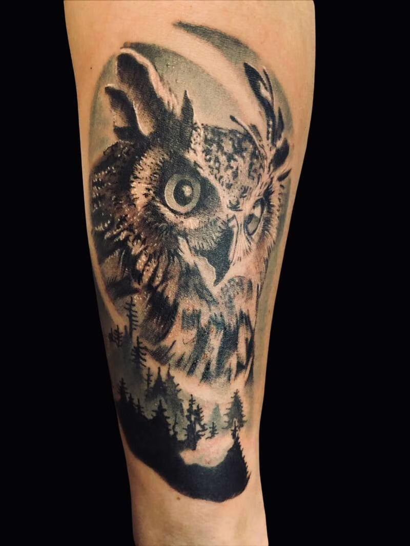 Tatouage hibou noir et gris